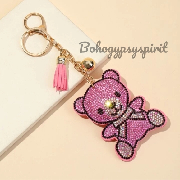 Bling Teddy Bear Crystal Rhinestone Keychain Bag Charm With Pink Tassel - Picture 5 of 12